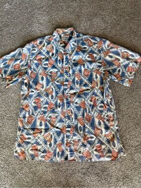 reyn spooner Blue Bongo Drum  Short-Sleeve Camp Shirt with Red and Cream Accents